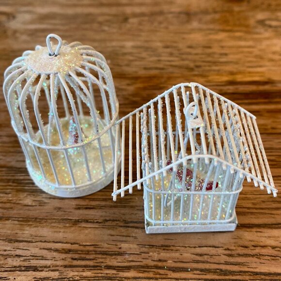 A Pair of White Wire Birdhouse Ornaments w/Red Birds on Swings - Picture 1 of 9